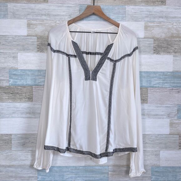 GAP Embroidered Border Trim Peasant Blouse Ivory Cream Black Raglan Womens Small - Picture 1 of 11